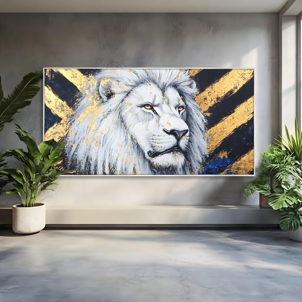 Tablou canvas cu tablou canvas cu leu alb si accente aurii, in rama de aluminiu argintiu